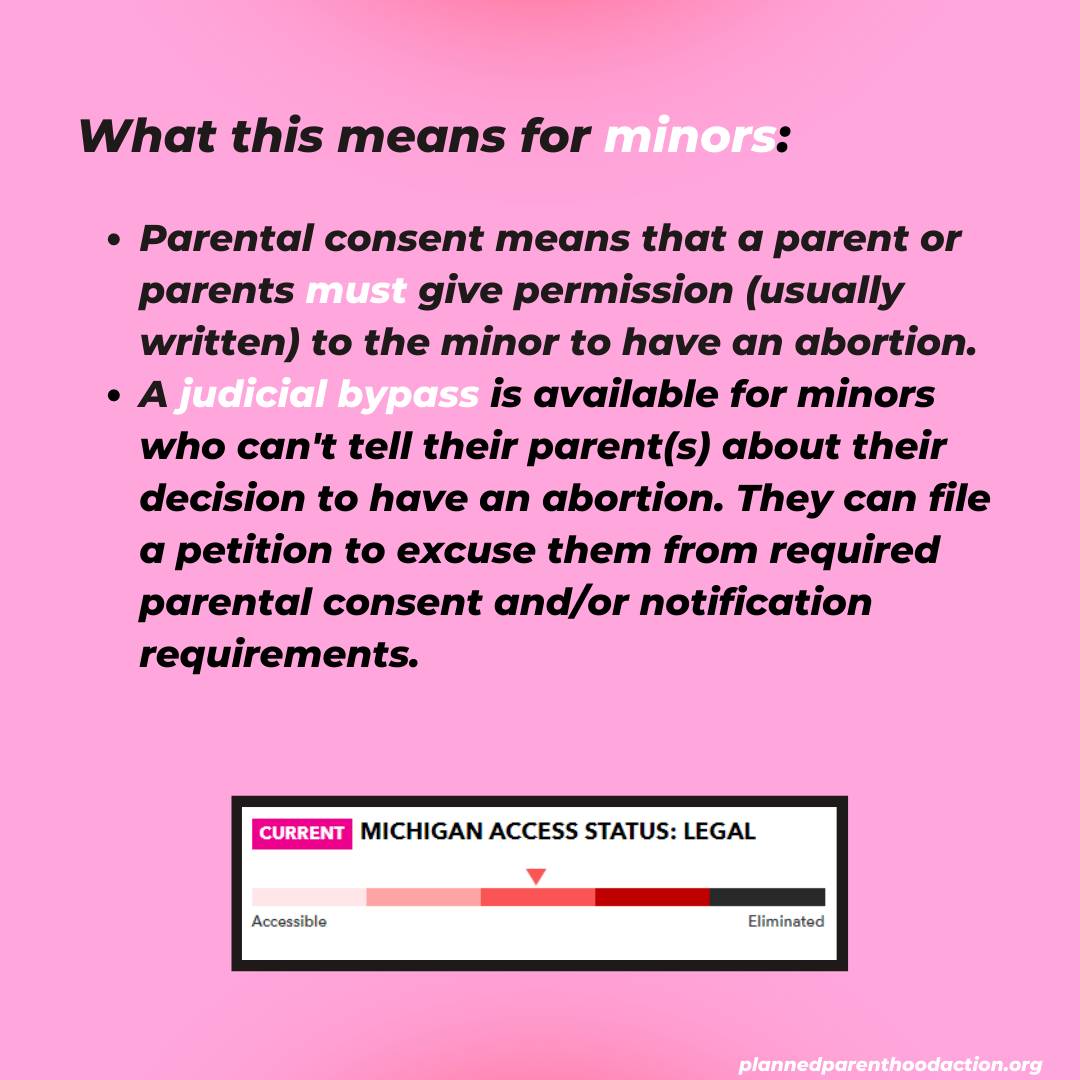 What this means for minors:  Parental consent means that a parent or parents must give permission (usually written) to the minor to have an abortion. A judicial bypass is available for minors who can't tell their parent(s) about their decision to have an abortion. They can file a petition to excuse them from required parental consent and/or notification requirements.